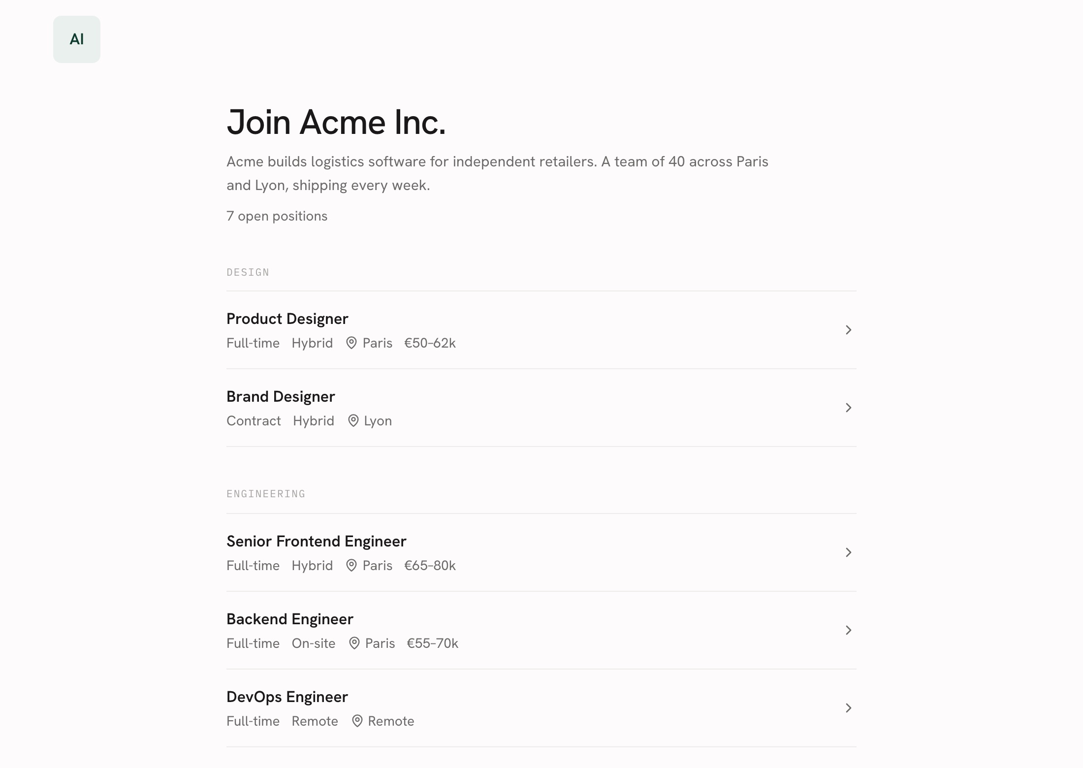 A bestpeople.ai public careers page: company intro and seven open positions grouped by department, each with type, mode, location and salary