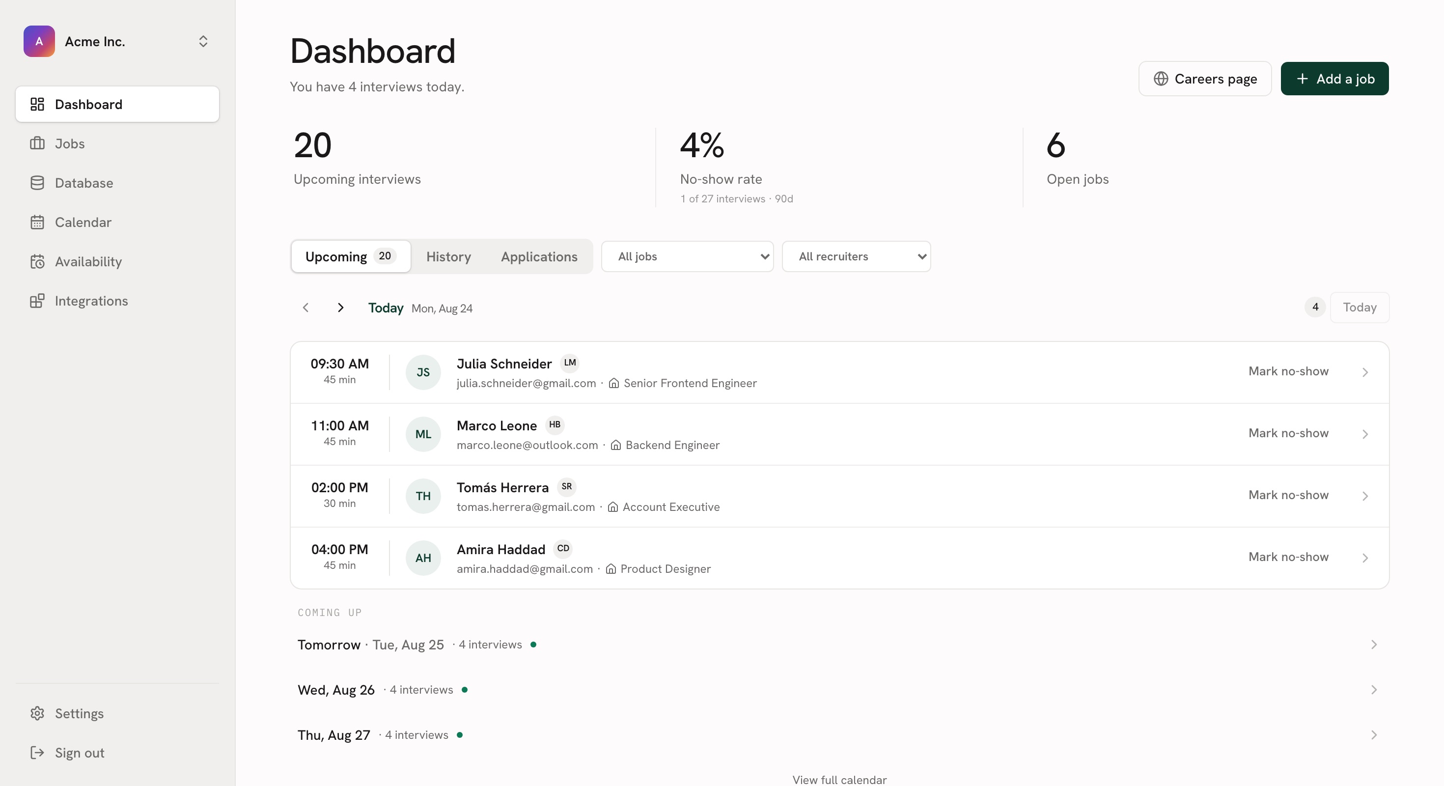The bestpeople.ai dashboard: today's interviews, upcoming count, no-show rate and open jobs