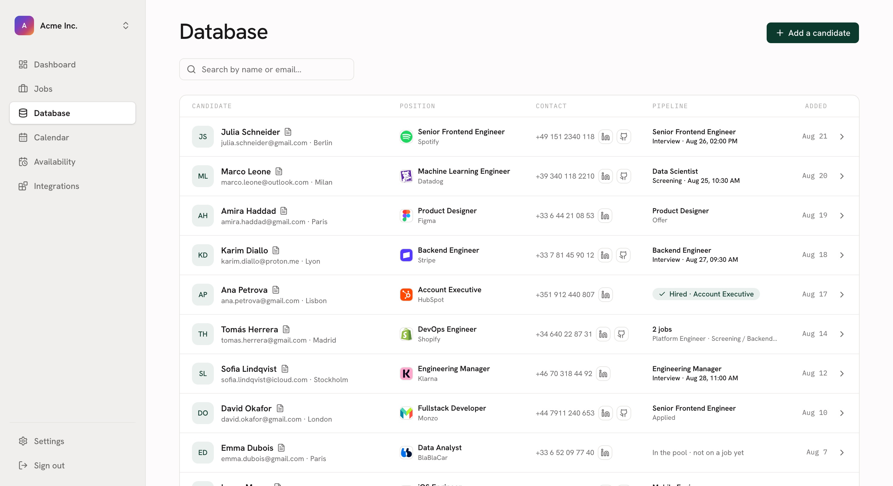 The bestpeople.ai database: the whole talent pool in one table with position, contact and live pipeline
