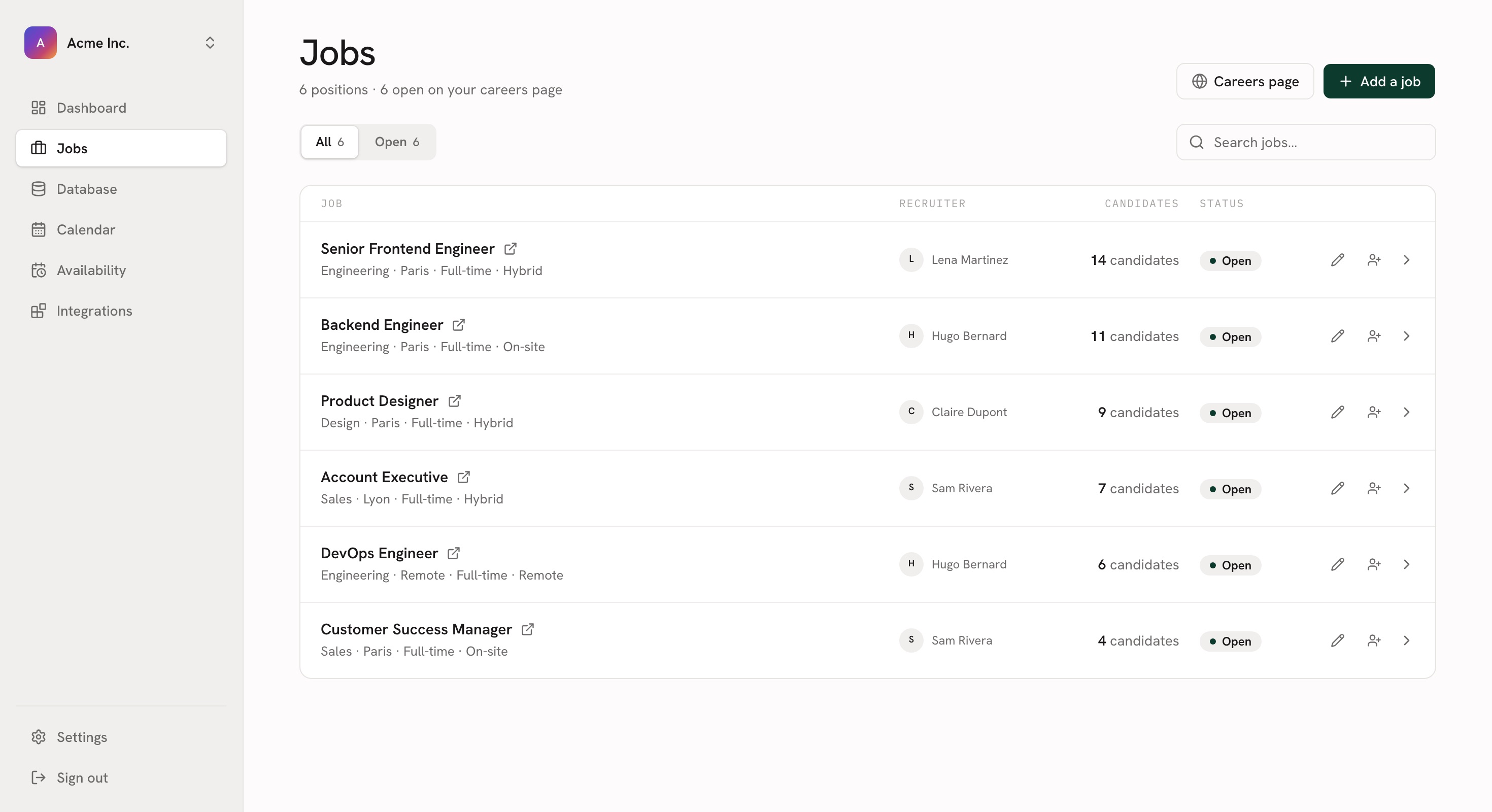 The bestpeople.ai jobs board: six open positions with recruiter and candidate counts